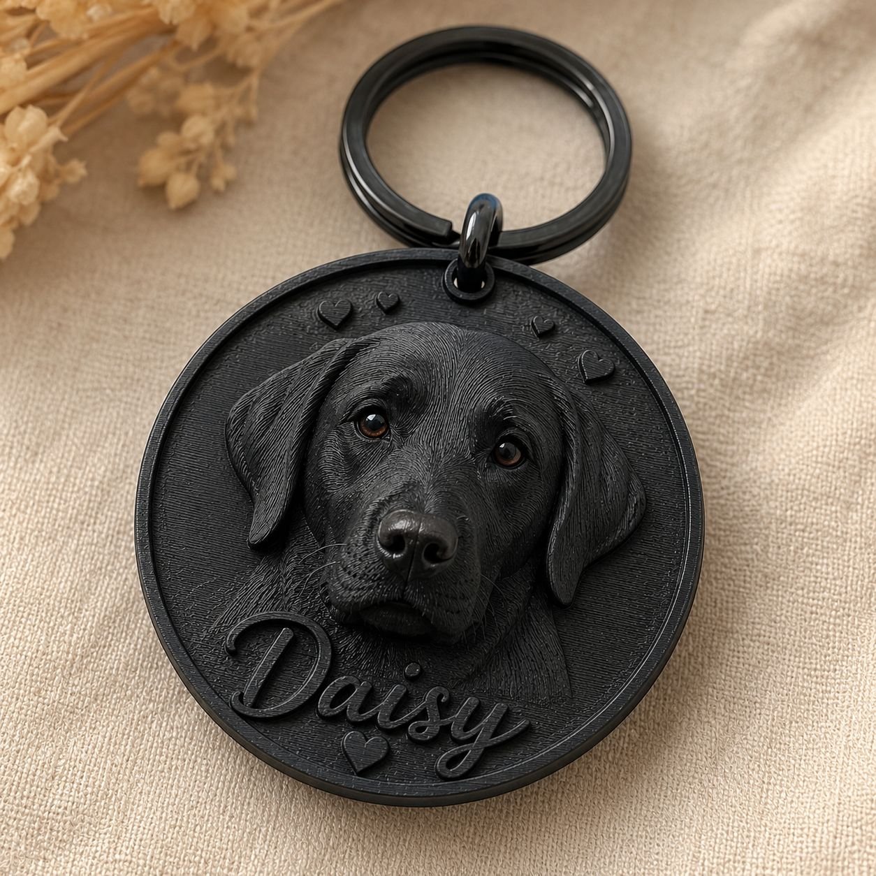 Daisy's engraved pet-portrait keychain