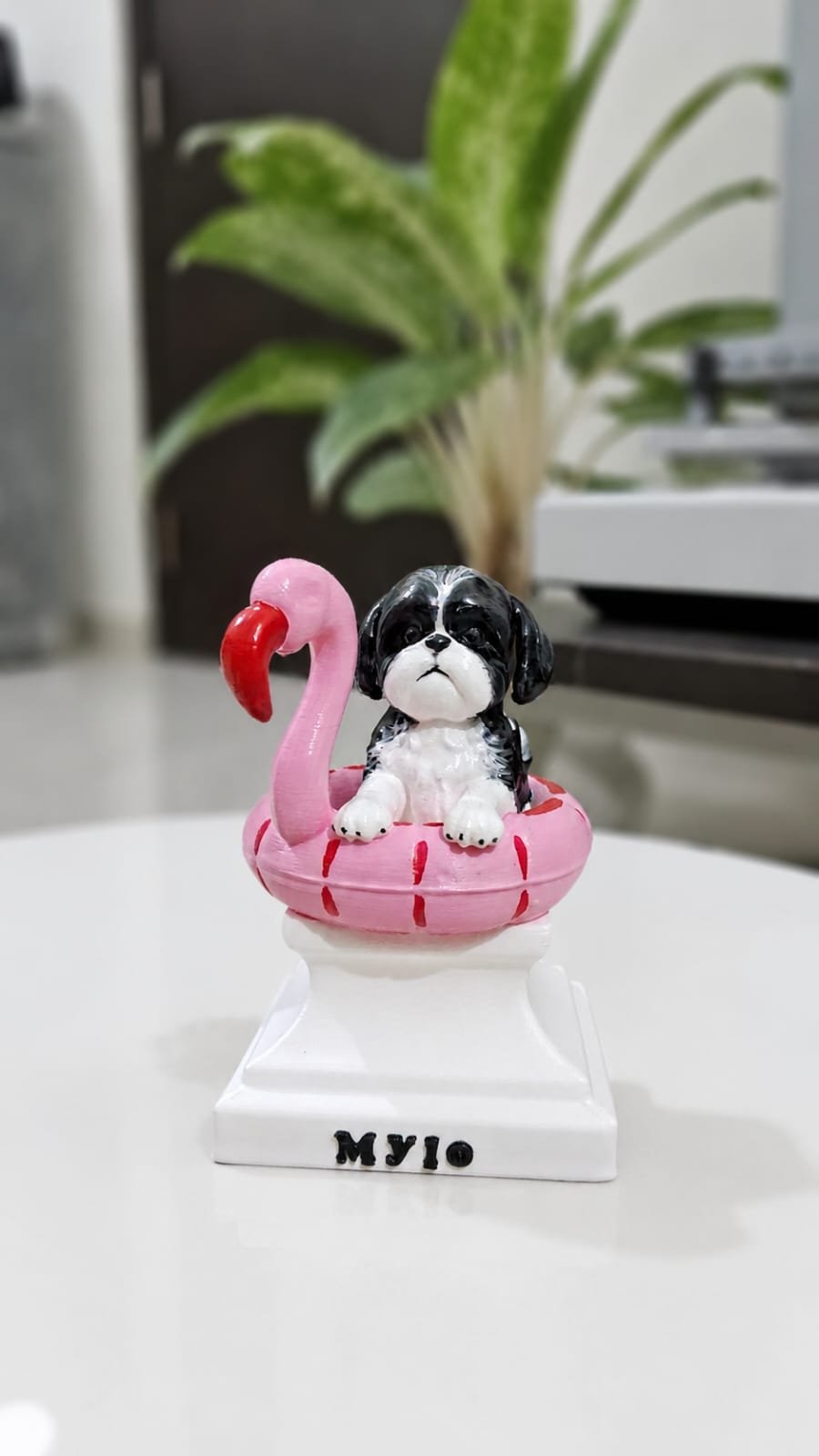 Mylo — custom pet-on-flamingo figurine